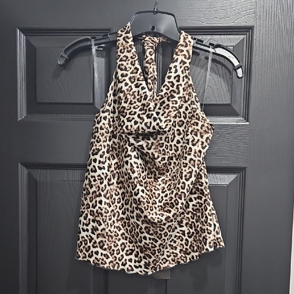See You Monday Leopard Halter Cowl Tank Top - Brown & Black